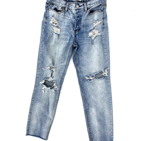 Free People Size 27 Lacey Stilt Distressed Jeans Crochet Button Fly Light Wash - Picture 2 of 10